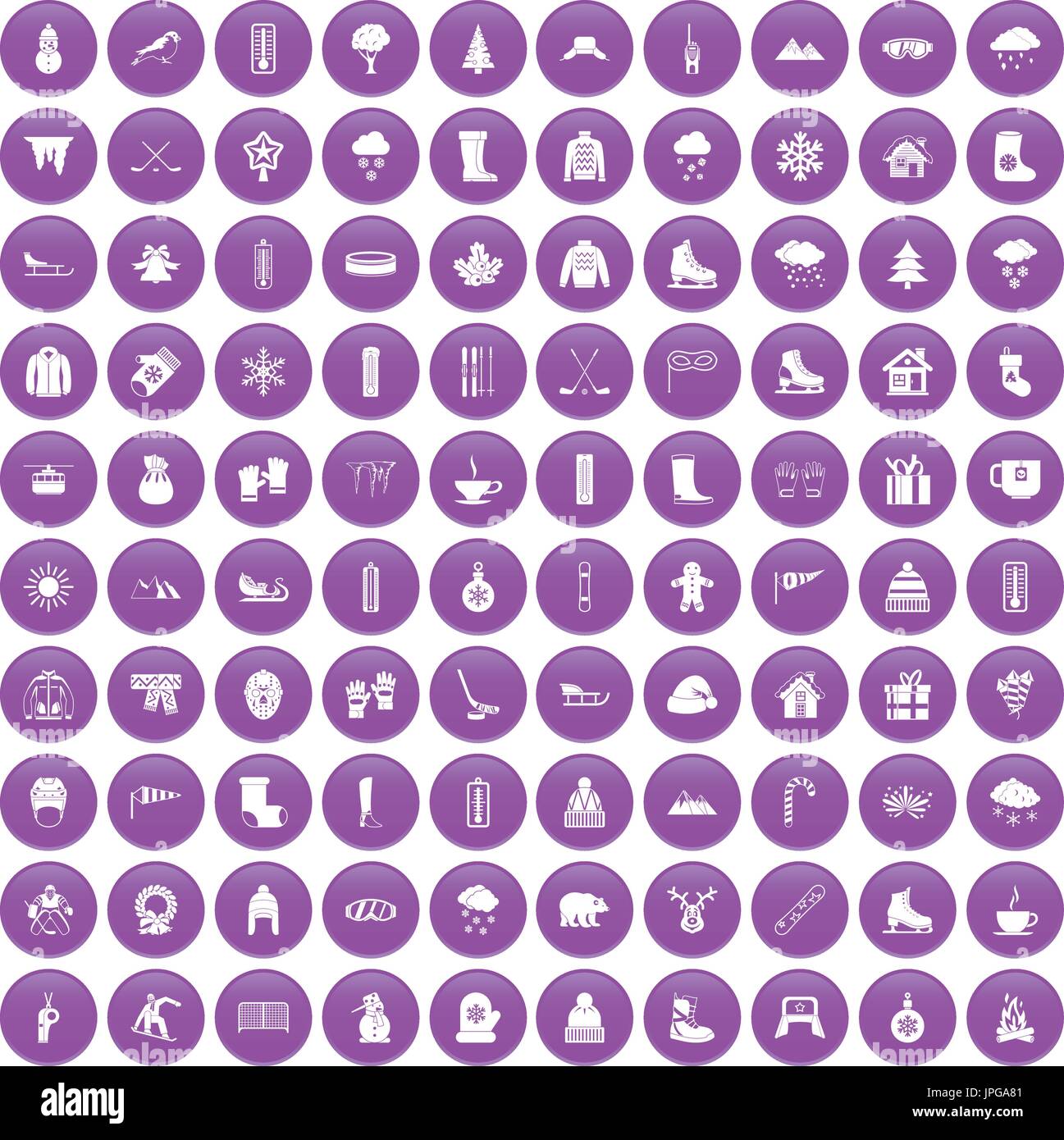 100 winter icons set purple Stock Vector