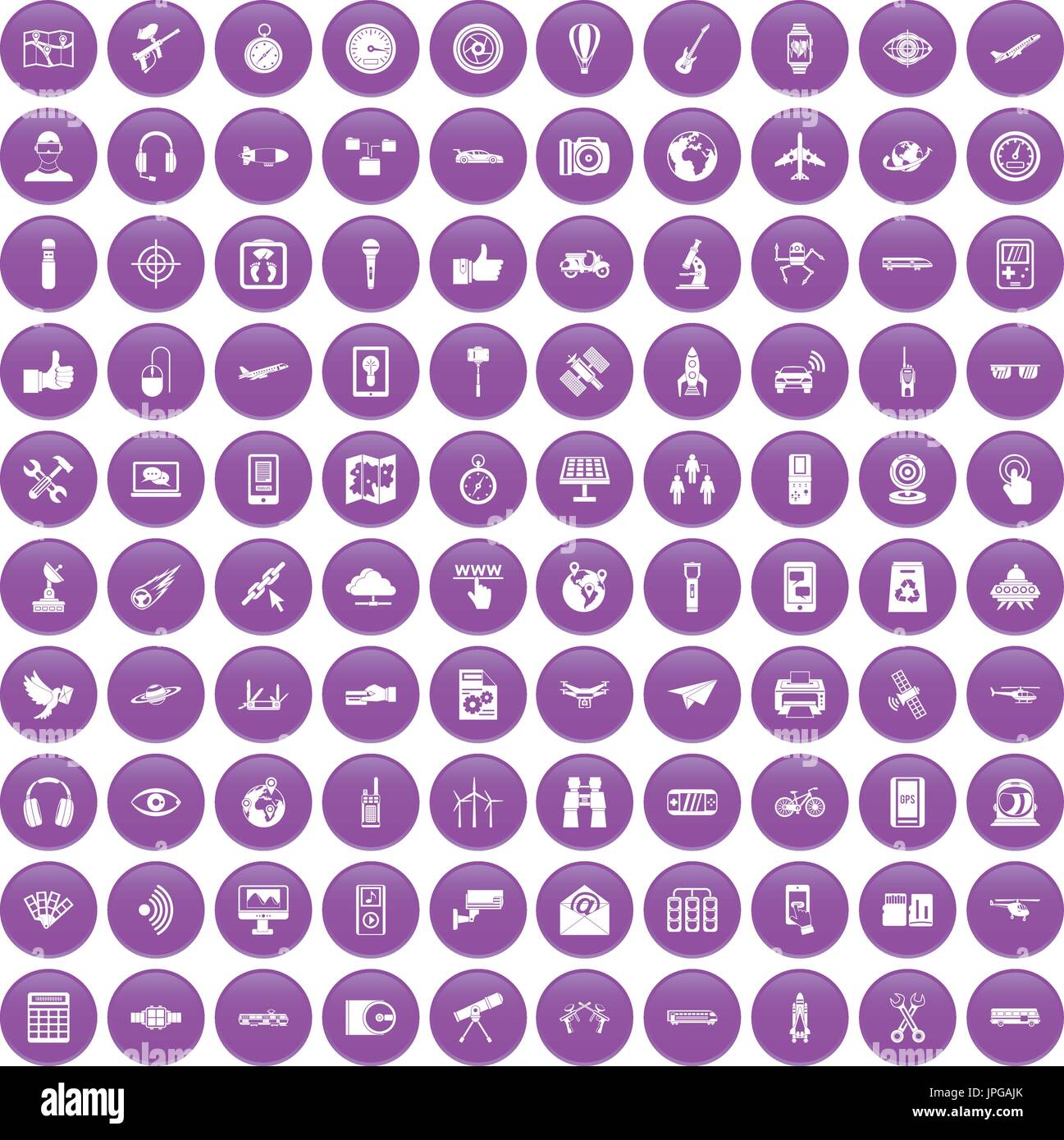 100 wireless technology icons set purple Stock Vector