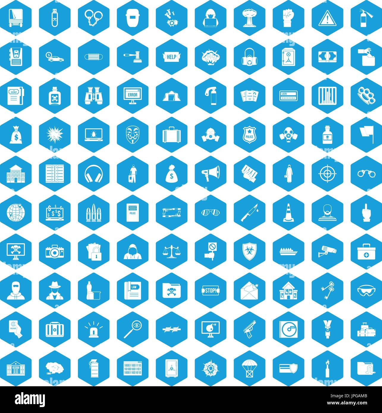 100 crime icons set blue Stock Vector