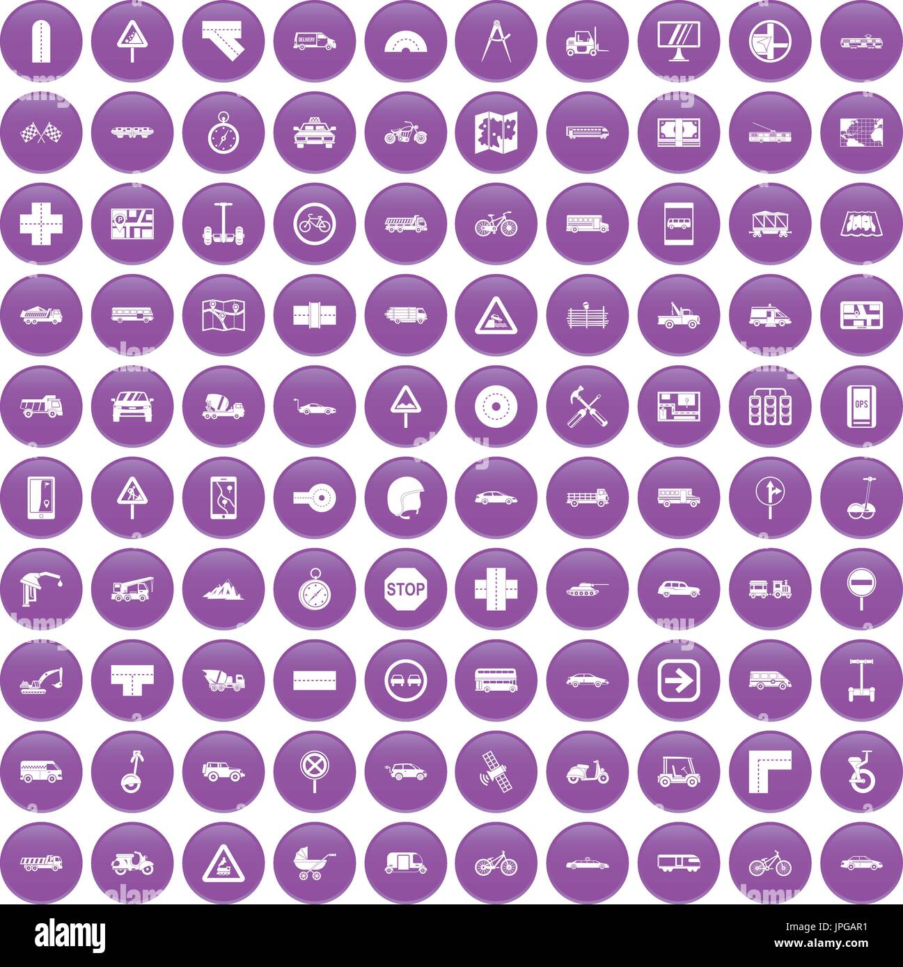 100 location icons set purple Stock Vector