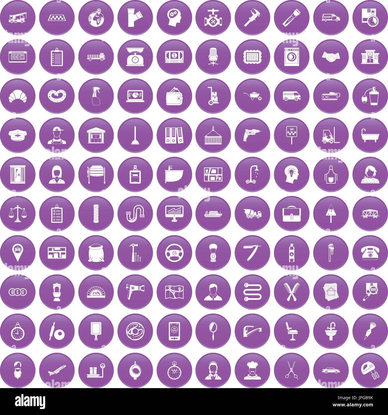 100 work icons set purple Stock Vector