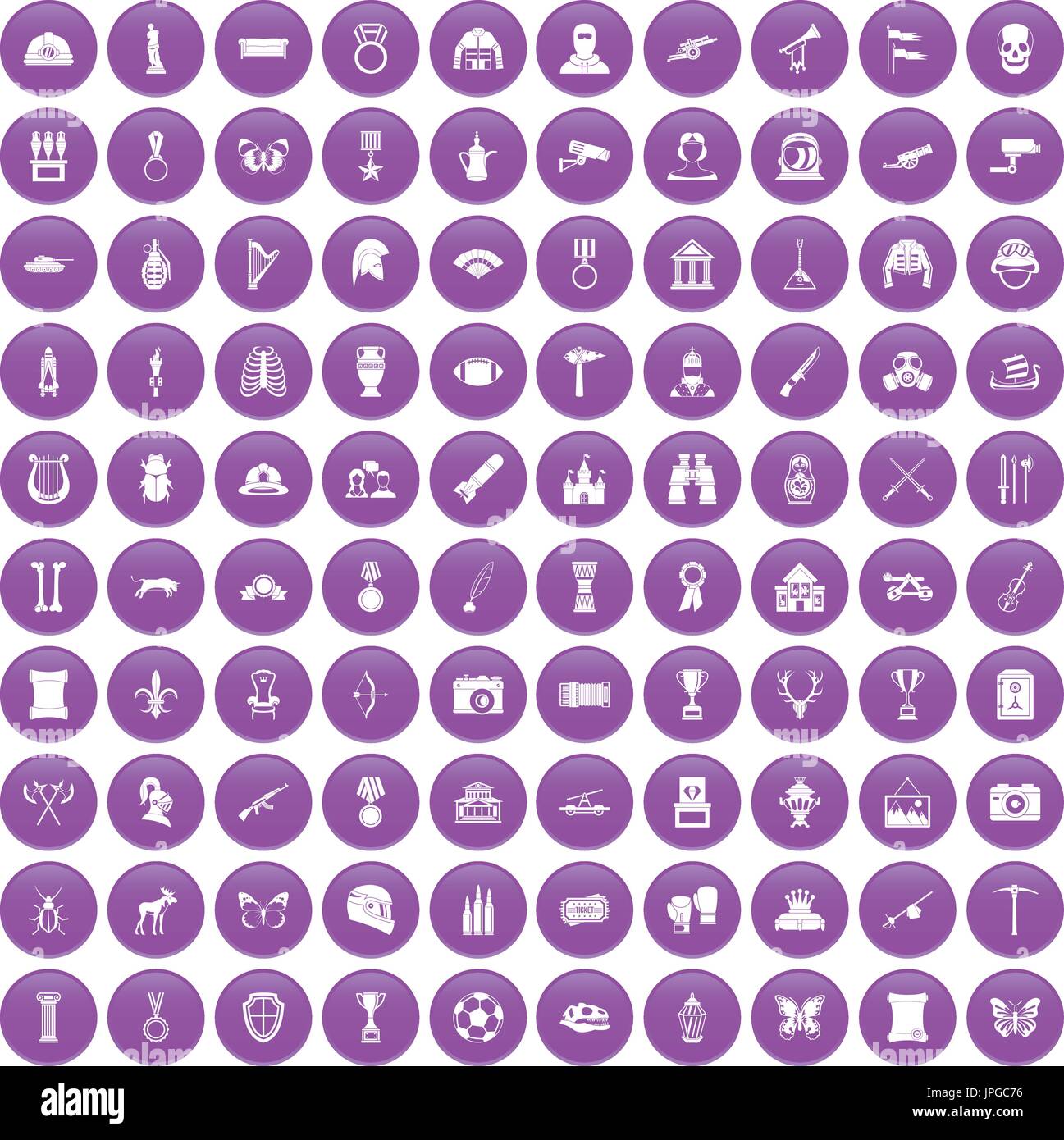100 museum icons set purple Stock Vector