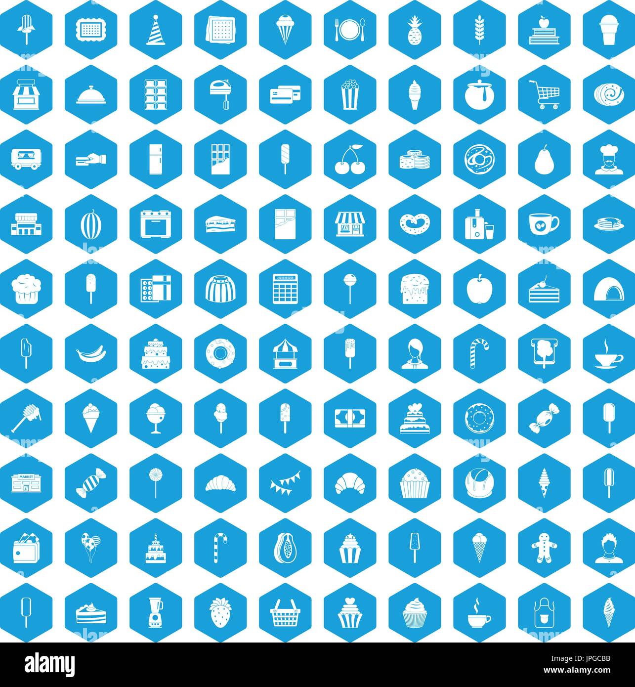 100 dessert icons set blue Stock Vector