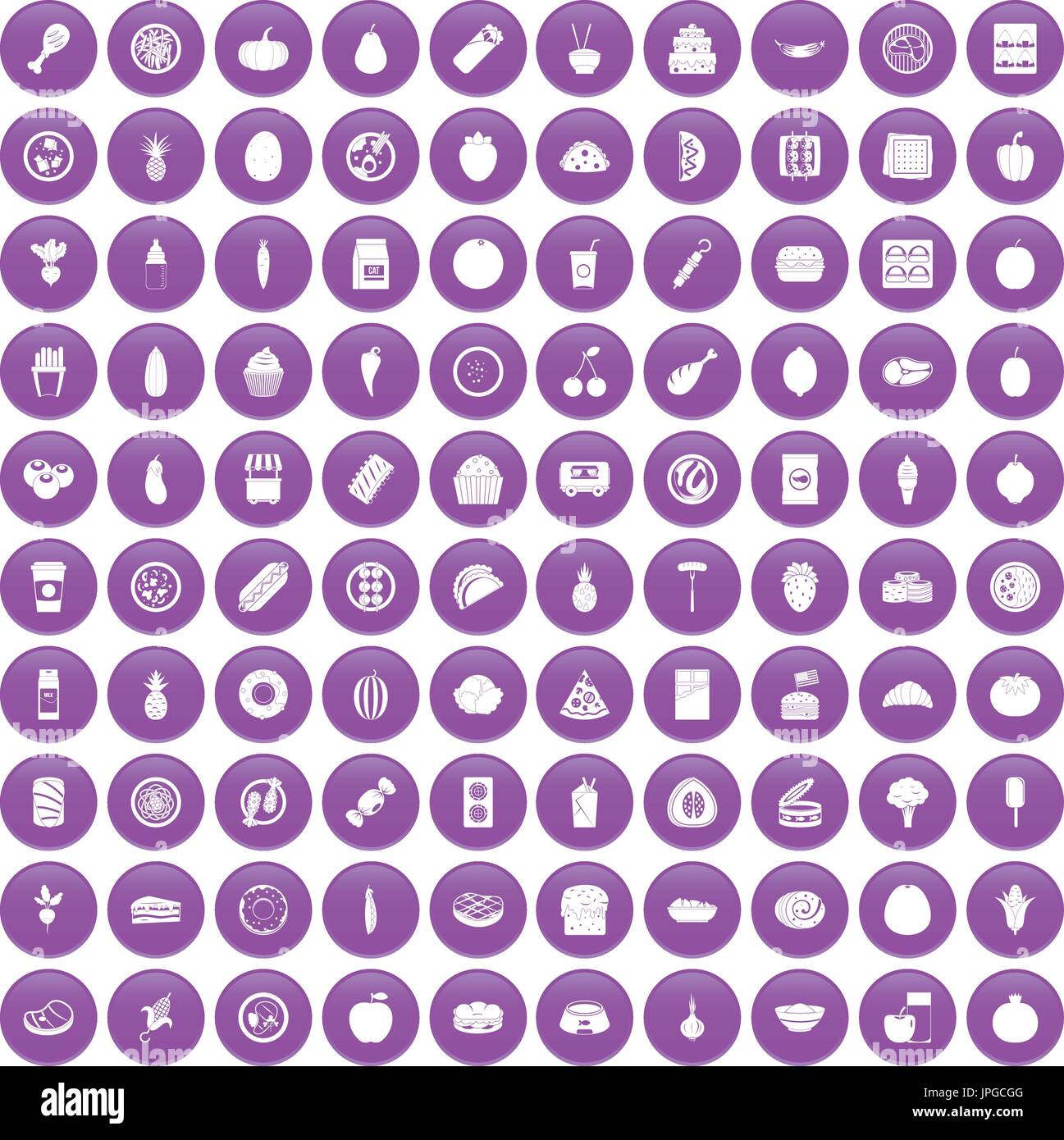 100 nutrition icons set purple Stock Vector