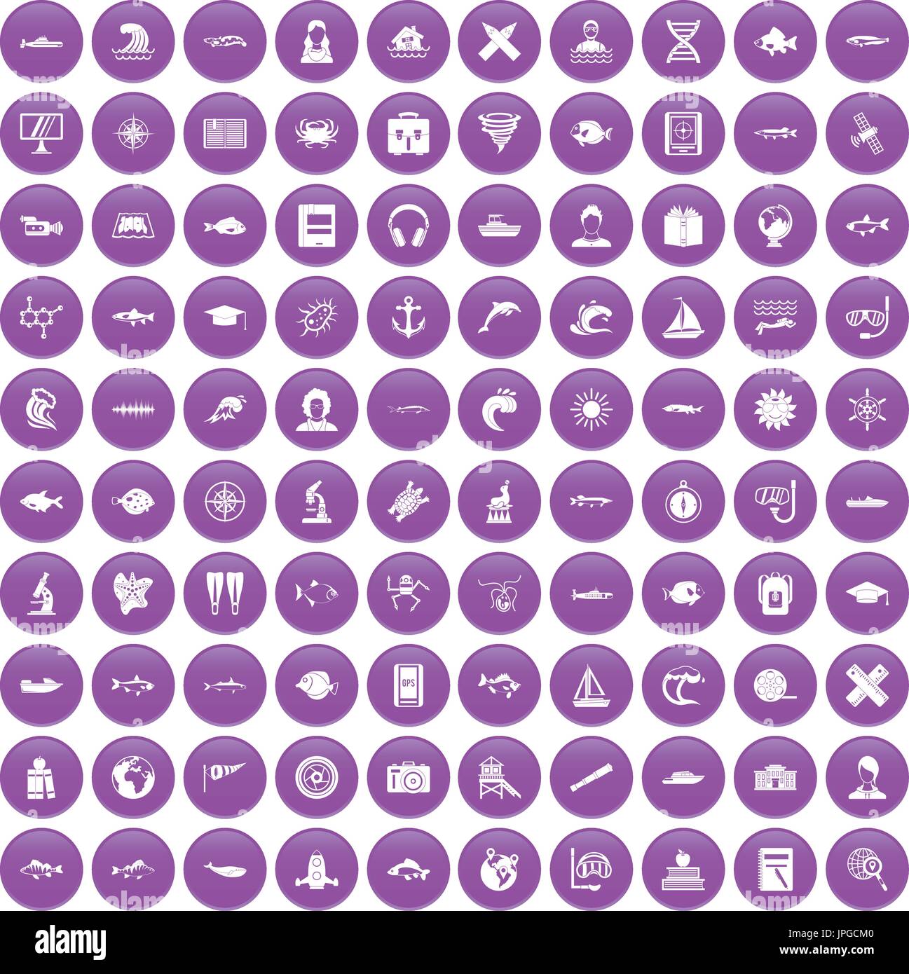 100 oceanologist icons set purple Stock Vector