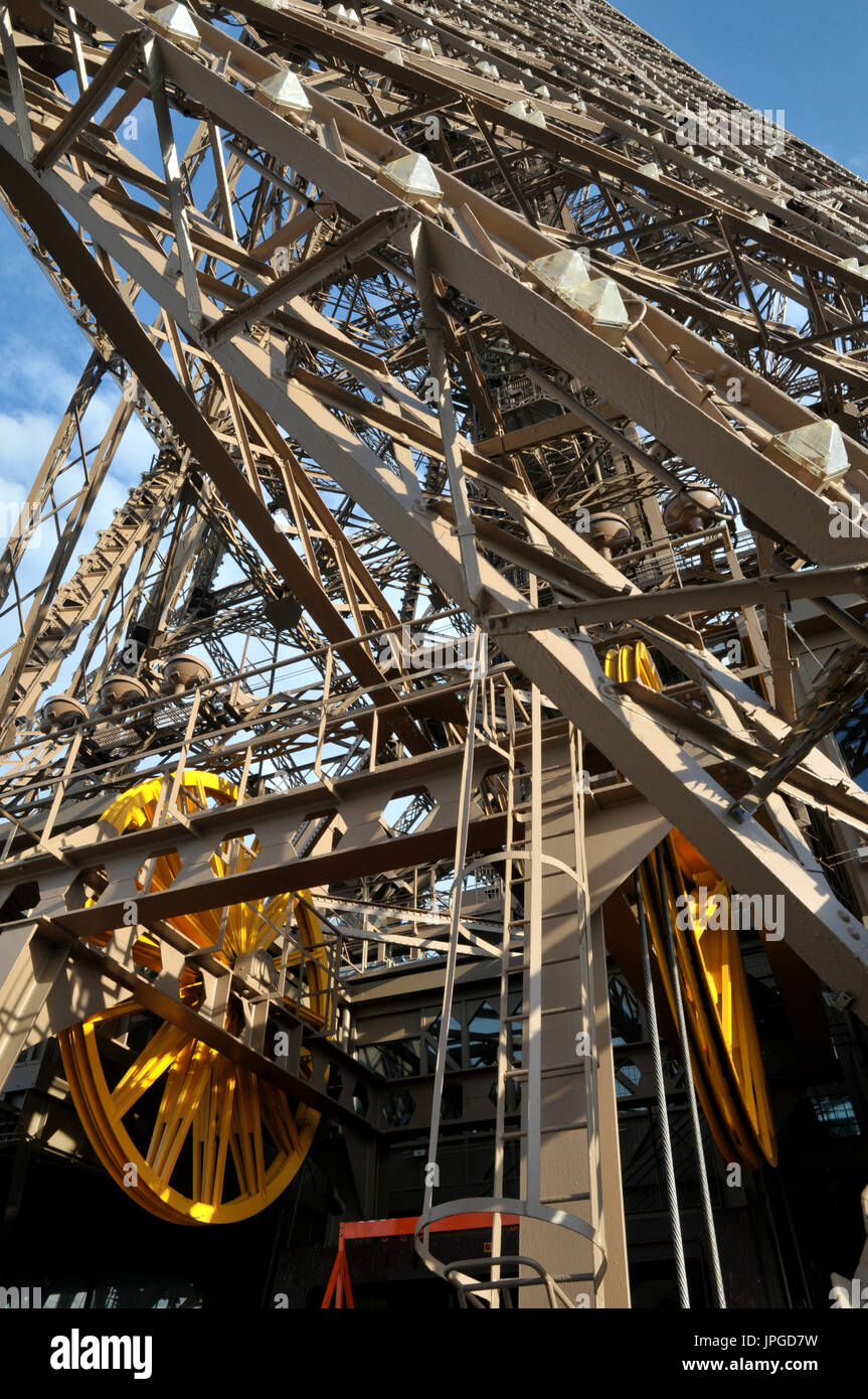 Close up of details of the Eiffel Tower and the mechanics of the lift, Paris, France. Stock Photo