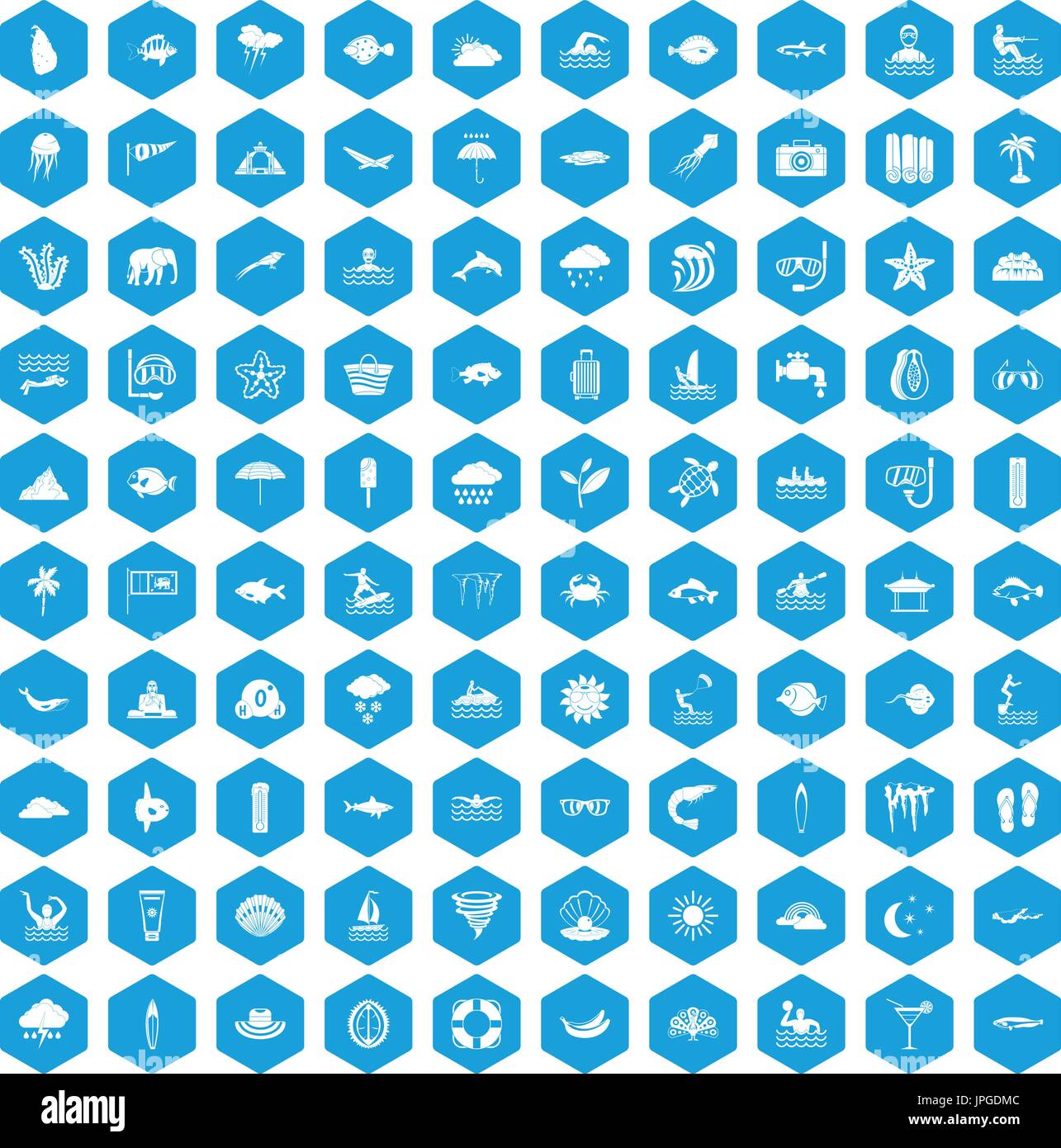 100 diving icons set blue Stock Vector