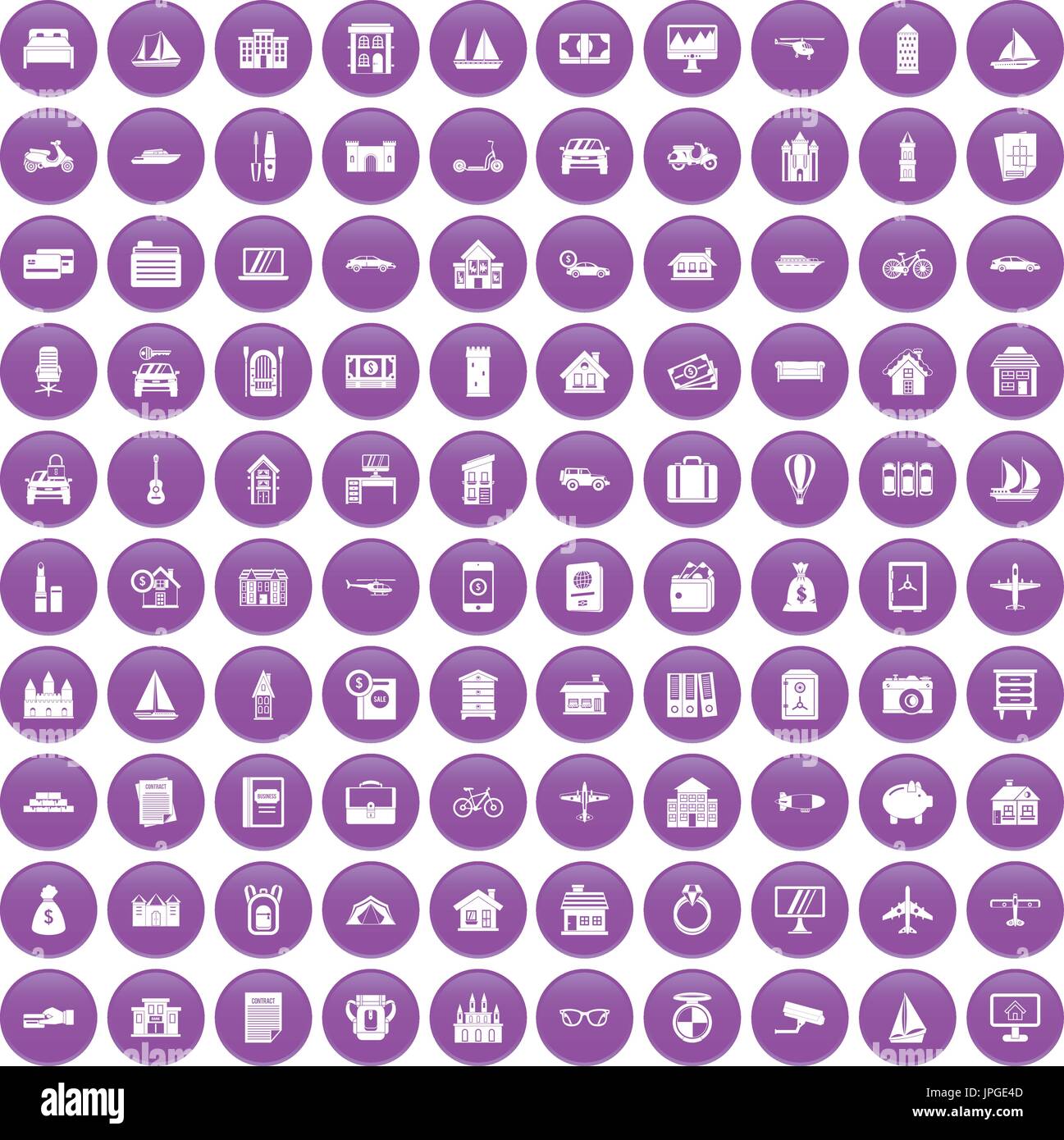 100 property icons set purple Stock Vector