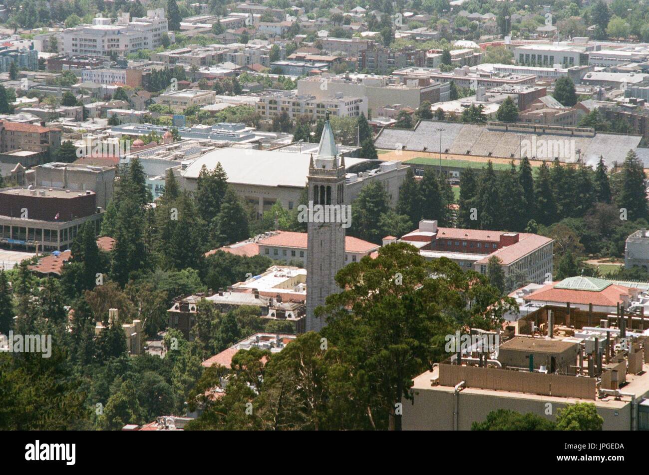 Aerial view of the campus of the University of California Berkeley (UC Berkeley), including the campanile clock tower, Berkeley, California, June 19, 2017. Stock Photo