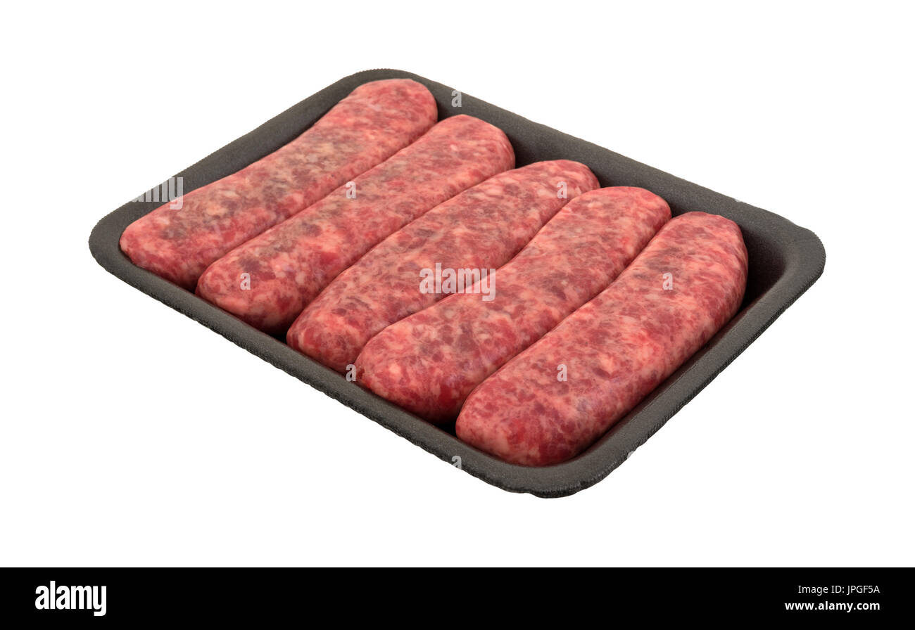 Mild bratwurst sausages in a black foam butchers tray isolated on a white background. Stock Photo