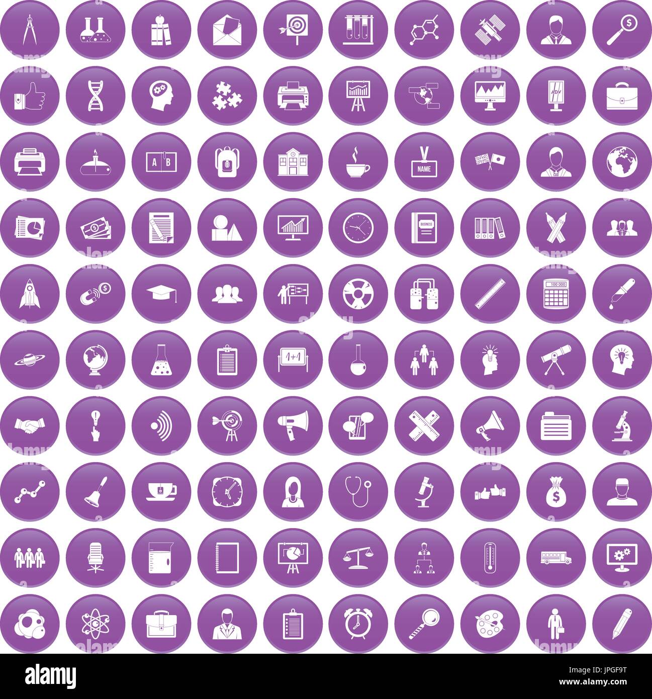 100 seminar icons set purple Stock Vector