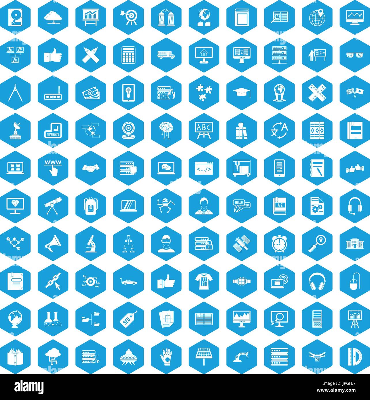 100 education technology icons set blue Stock Vector