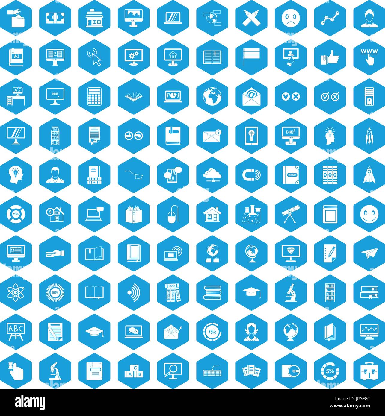 100 e-learning icons set blue Stock Vector