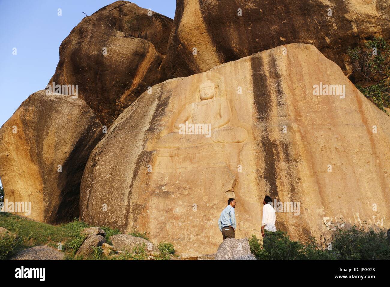 The face of a 6-meter-tall Buddha rock sculpture, once vandalized and disfigured by militants in 2007, is repaired as seen in this photo taken on May 8, 2017, in northwestern Pakistan's Swat district. The restoration of the "Jahanabad Buddha" was part of a project financed through a Pakistani-Italian debt swap agreement. (Kyodo) ==Kyodo Stock Photo