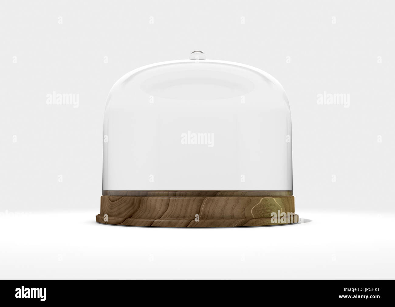 An empty dome shaped glass display case with a wooden base on an ...