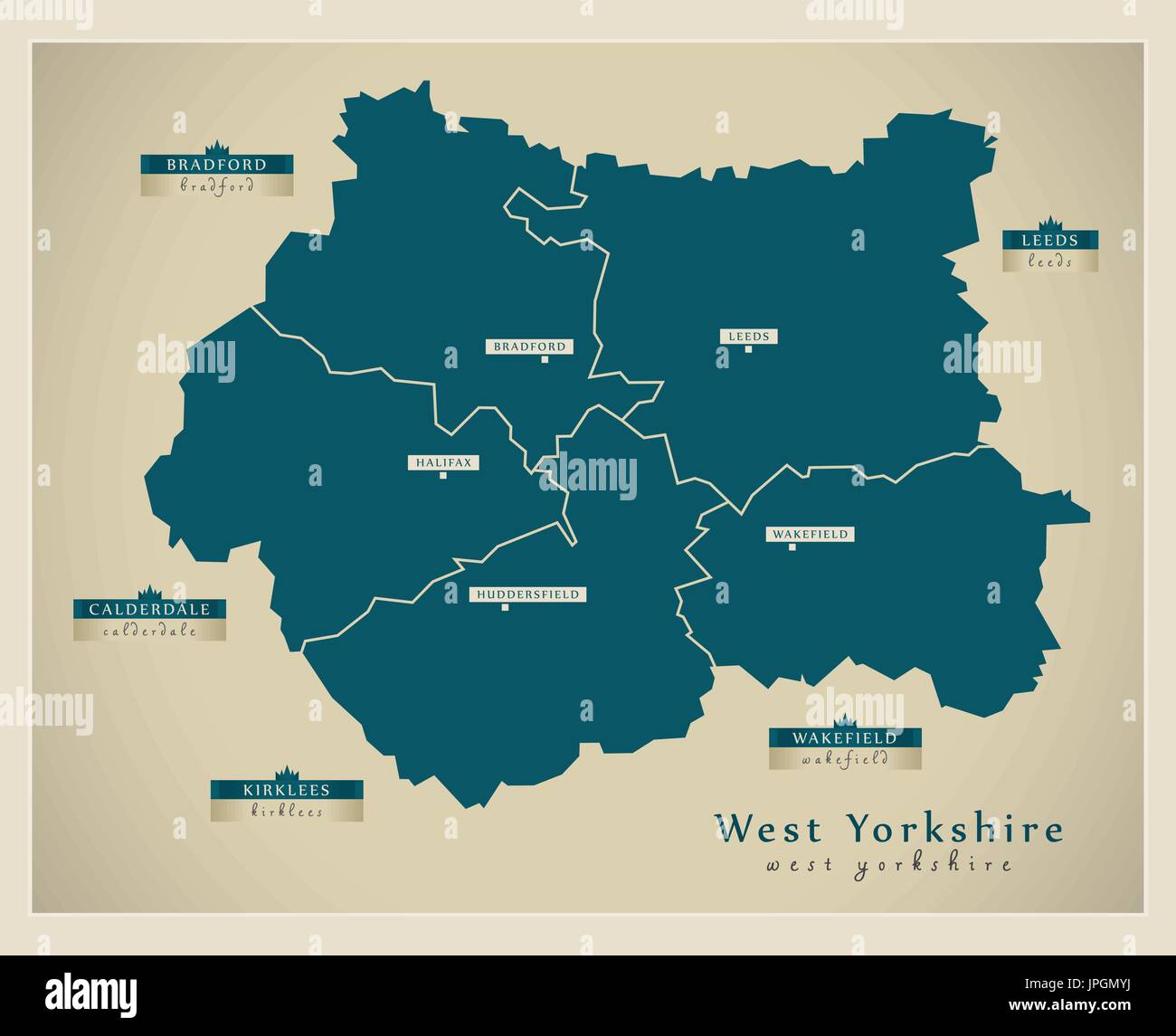 Modern Map - West Yorkshire metropolitan county with district labels England UK Stock Vector