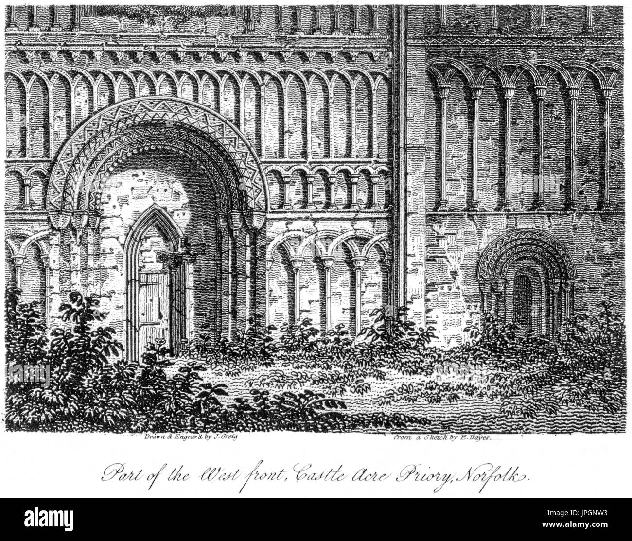 An engraving of Part of the West Front, Castle Acre Priory, Norfolk scanned at high resolution from a book printed in 1808.  Believed copyright free. Stock Photo