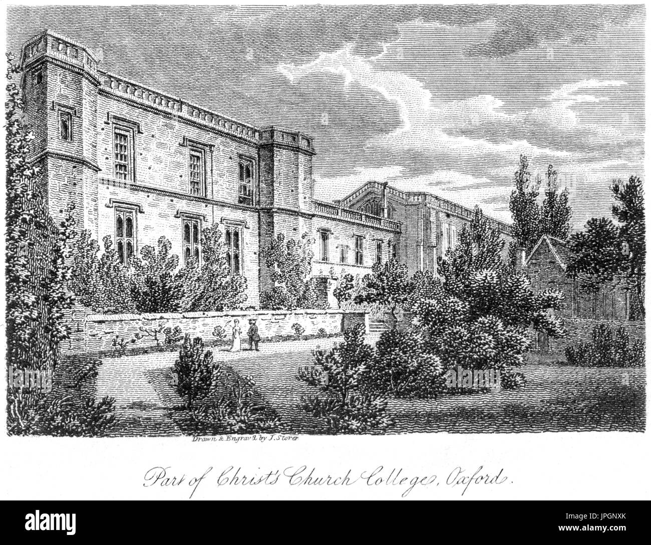 An engraving of a Part of Christ's (Christ) Church College, Oxford scanned at high resolution from a book printed in 1808.  Believed copyright free. Stock Photo