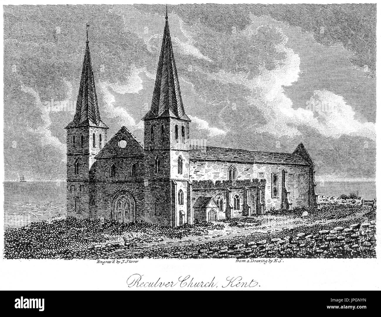 An engraving of Reculver Church, Kent scanned at high resolution from a book printed in 1808.  Believed copyright free. Stock Photo