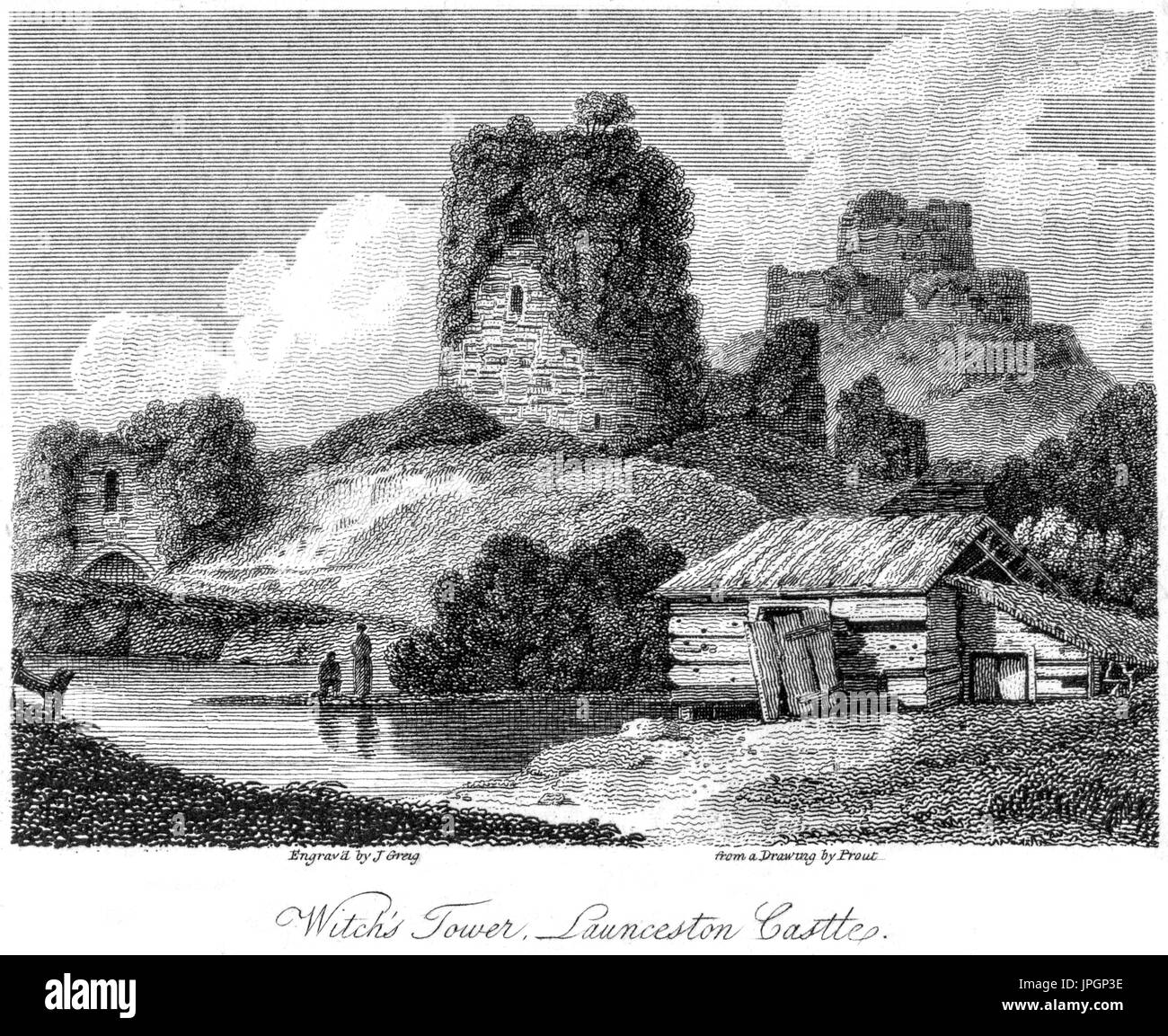 An engraving of the Witch's Tower, Launceston Castle scanned at high resolution from a book printed in 1808. Believed copyright free. Stock Photo