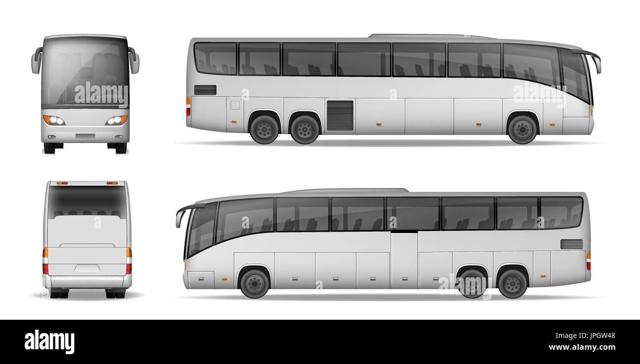 Coach bus isolated on white background. Travel Passenger Bus for advertising and your design. Realistic coach mockup Side, Front and Back view. Vector illustration Stock Vector