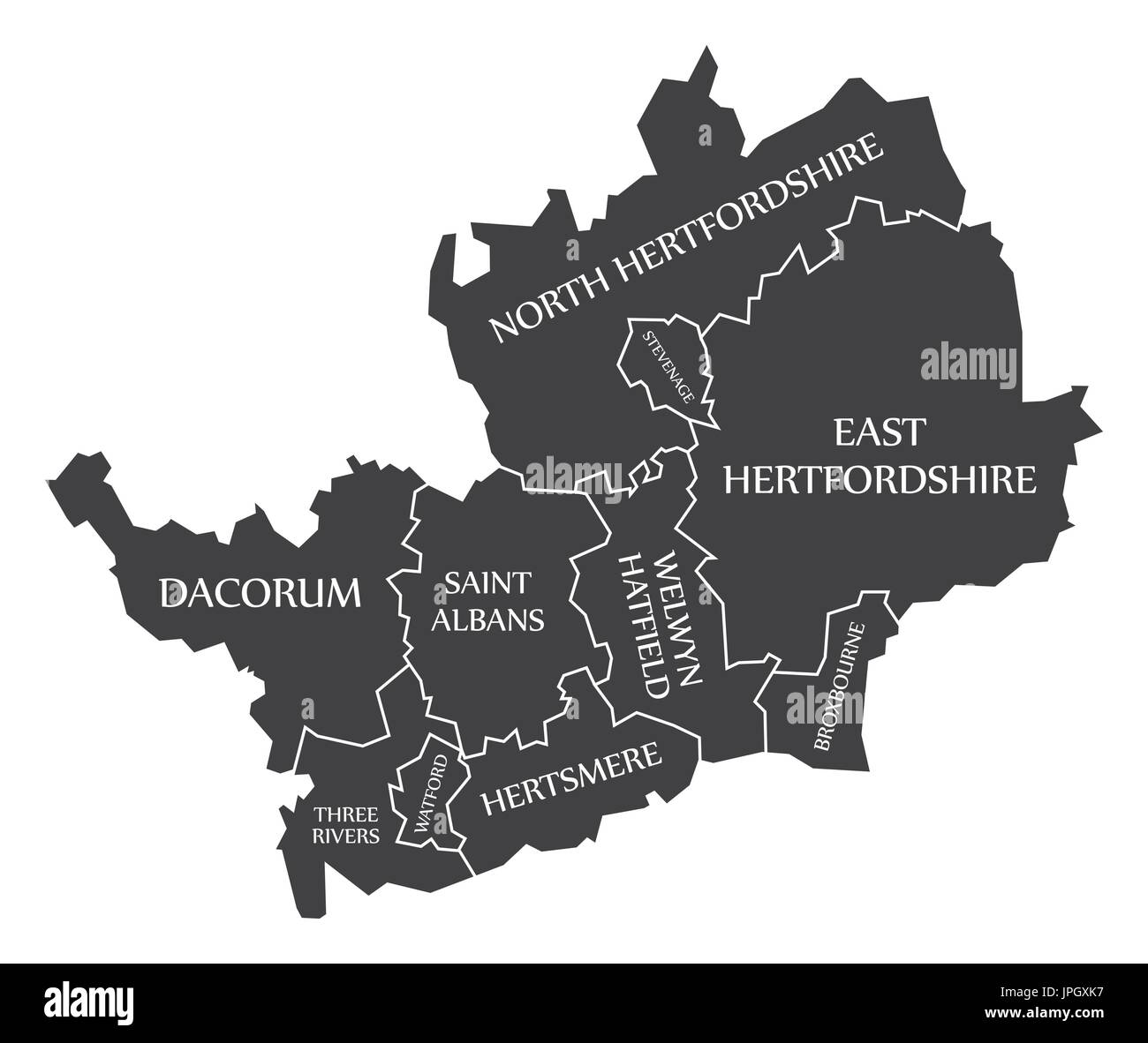 Hertfordshire county England UK black map with white labels illustration Stock Vector