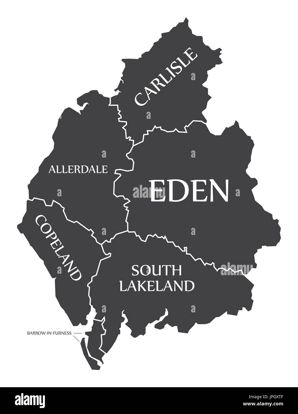 Cumbria county England UK black map with white labels illustration