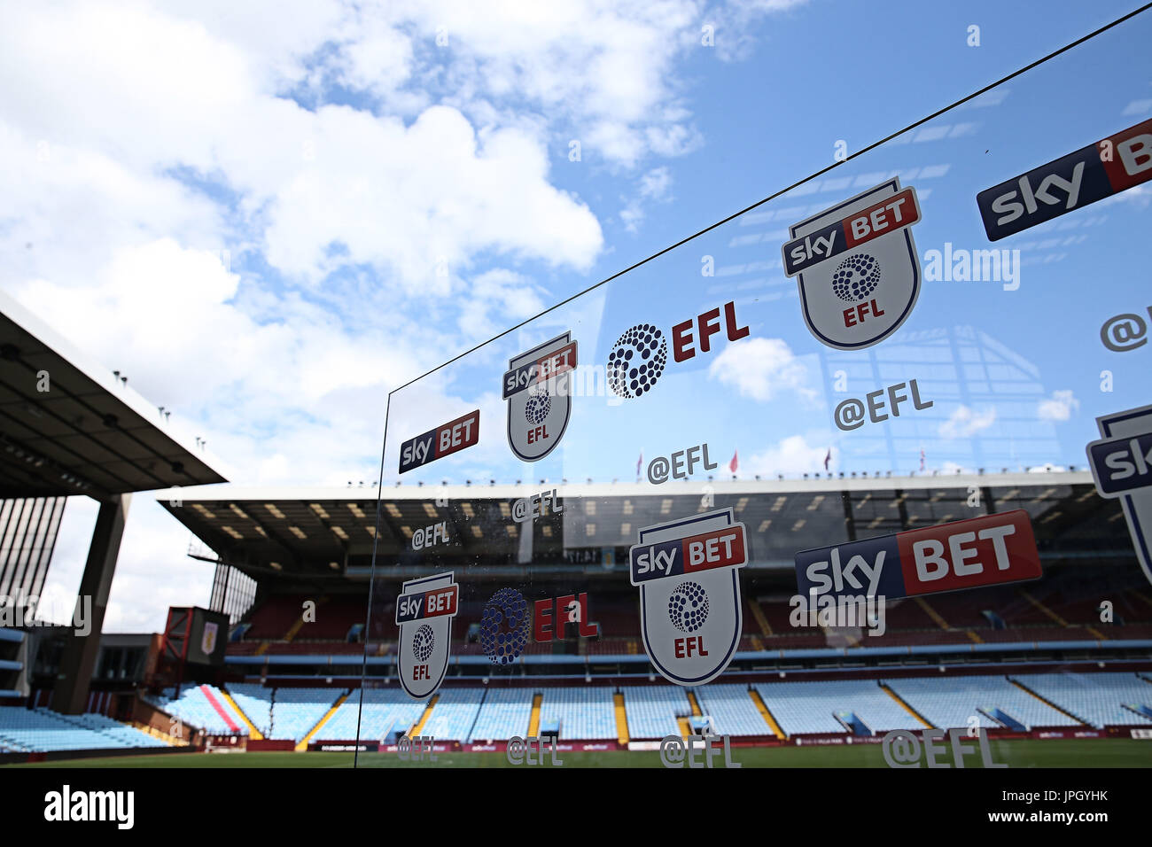 EFL branding board during the EFL 2017/18 pre-season media event at Villa Park, Birmingham. PRESS ASSOCIATION Photo. Picture date: Tuesday August 1, 2017. See PA story SOCCER EFL. Photo credit should read: Barrington Coombs/PA Wire. RESTRICTIONS: EDITORIAL USE ONLY No use with unauthorised audio, video, data, fixture lists, club/league logos or 'live' services. Online in-match use limited to 75 images, no video emulation. No use in betting, games or single club/league/player publications. Stock Photo
