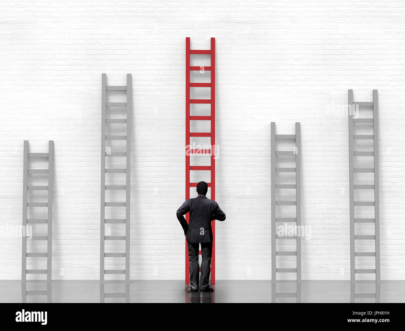 rear view of businessman standing with ladder to success Stock Photo