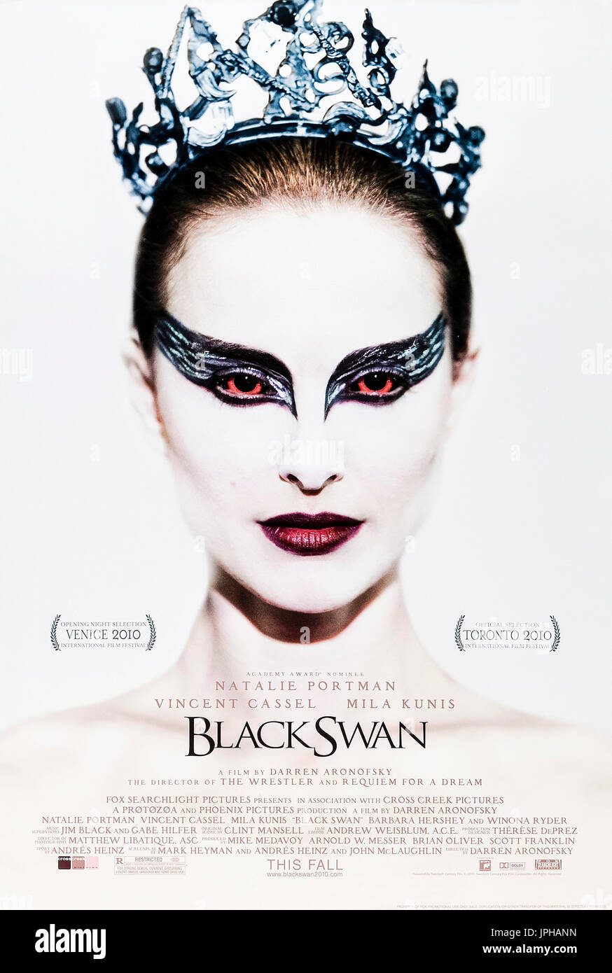 Black Swan (2010) directed by Darren Aronofsky and starring Natalie Portman, Mila Kunis and Vincent Cassel. Natalie Portman won the 2011 Oscar for Best Performance by an Actress in a Leading Role for her portrayal of Nina Sayers a ballerina caught in a conflict with a rival dancer for the role of The Swan Queen. See description below for more information. Stock Photo