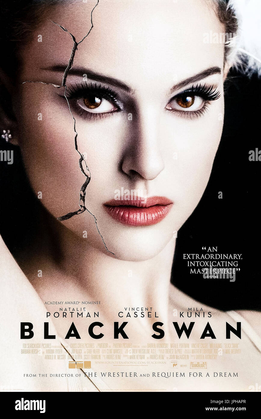 Black Swan (2010) directed by Darren Aronofsky and starring Natalie Portman, Mila Kunis and Vincent Cassel. Natalie Portman won the 2011 Oscar for Best Performance by an Actress in a Leading Role for her portrayal of Nina Sayers a ballerina caught in a conflict with a rival dancer for the role of The Swan Queen. See description below for more information. Stock Photo