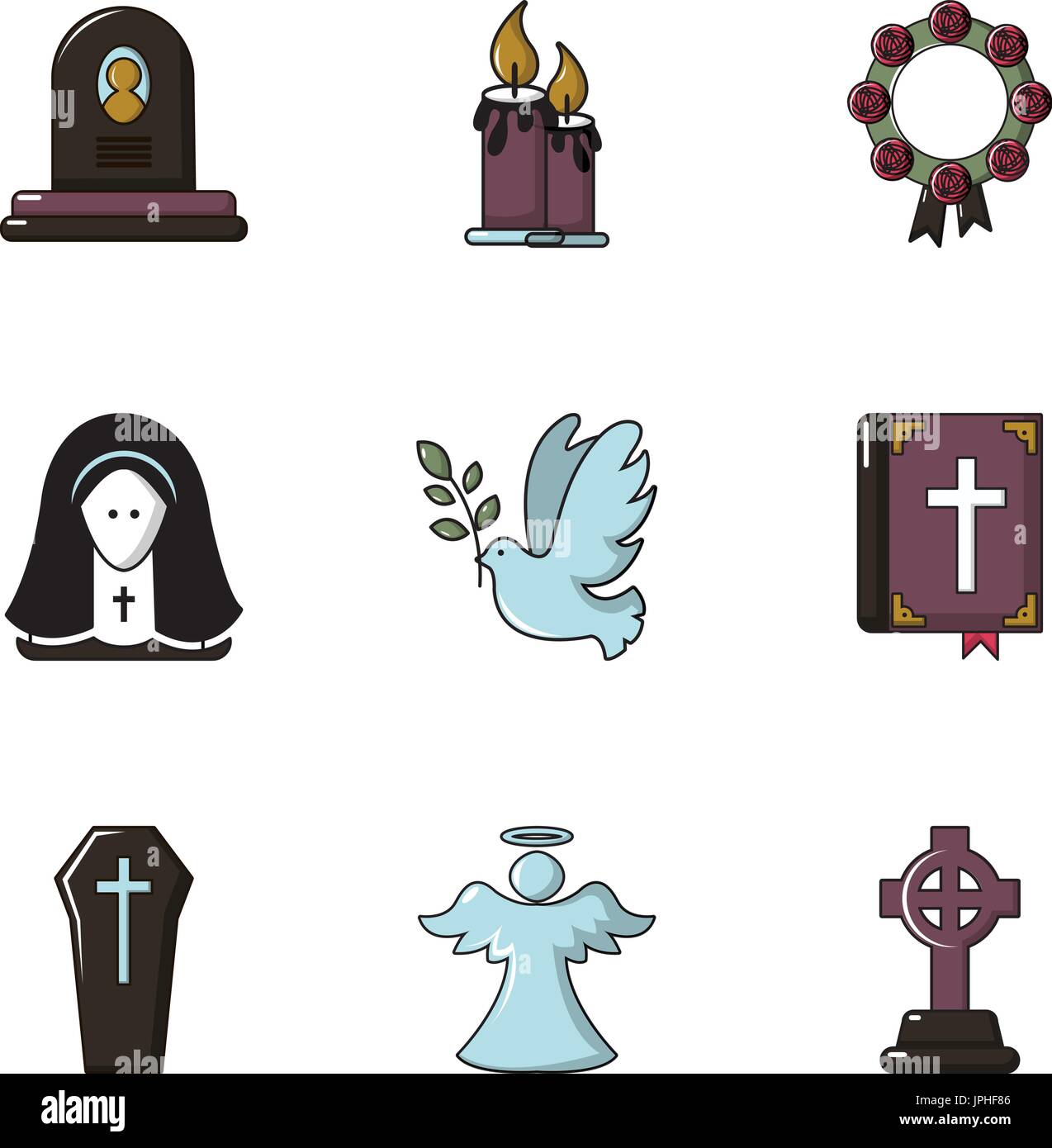 Funeral home icons set, flat style Stock Vector