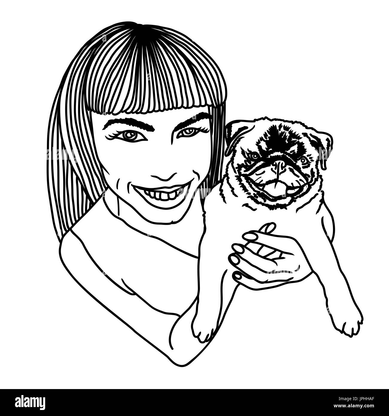 Happy girl and pug dog. Vector illustration. Stock Vector