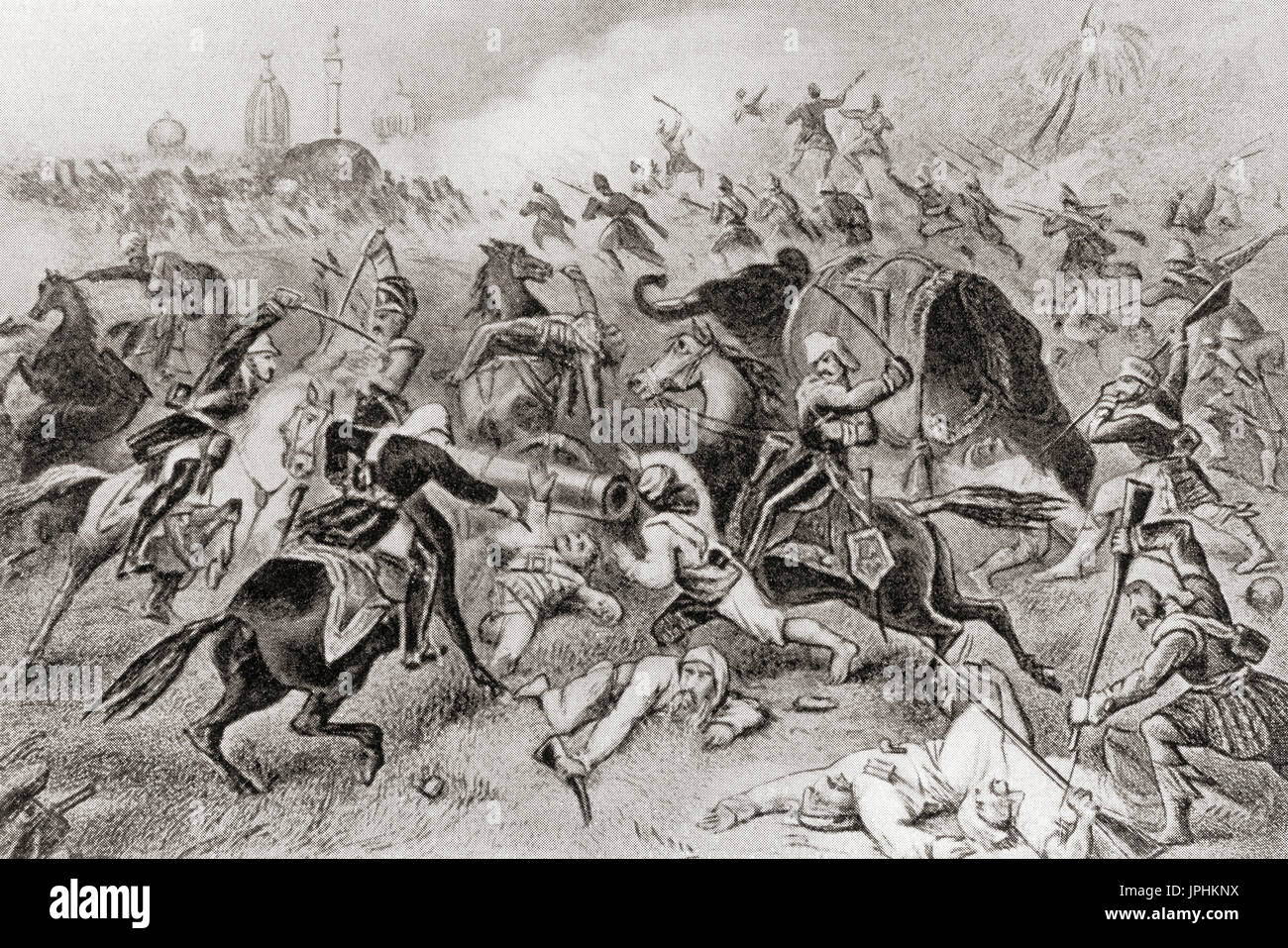 The defeat of Tantya Tope by the British at Cawnpore, India during the Indian Rebellion of 1857.  Ramachandra Pandurang Tope, aka Tatya Tope, Tantya Tope or Tantia Topi, 1814 –  1859.  Indian leader in the Indian Rebellion of 1857 and one of its notable generals.  From Hutchinson's History of the Nations, published 1915. Stock Photo
