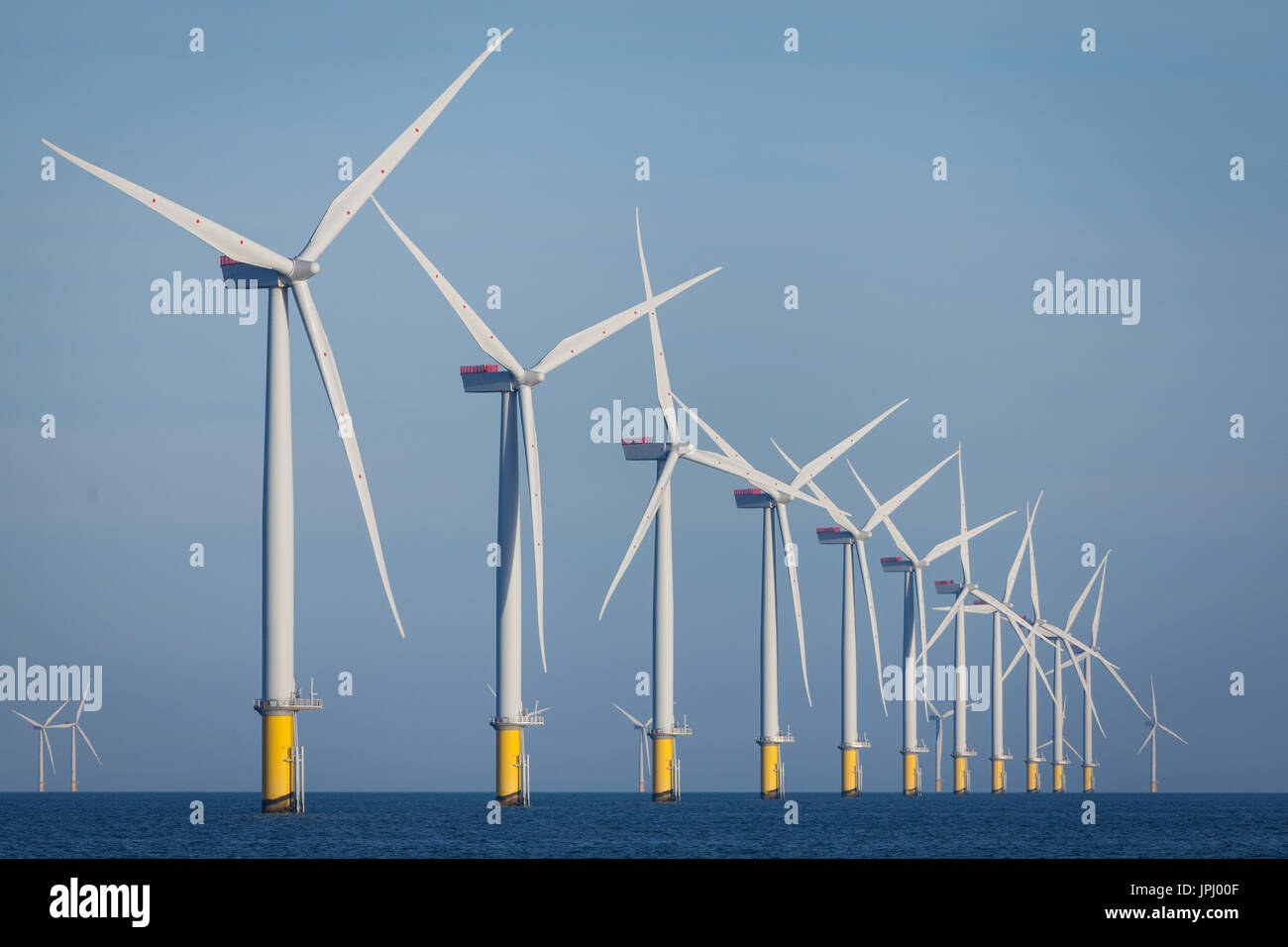 Turbines on the West of Duddon Sands Offshore Wind Farm off the Cumbrian coast, UK Stock Photo