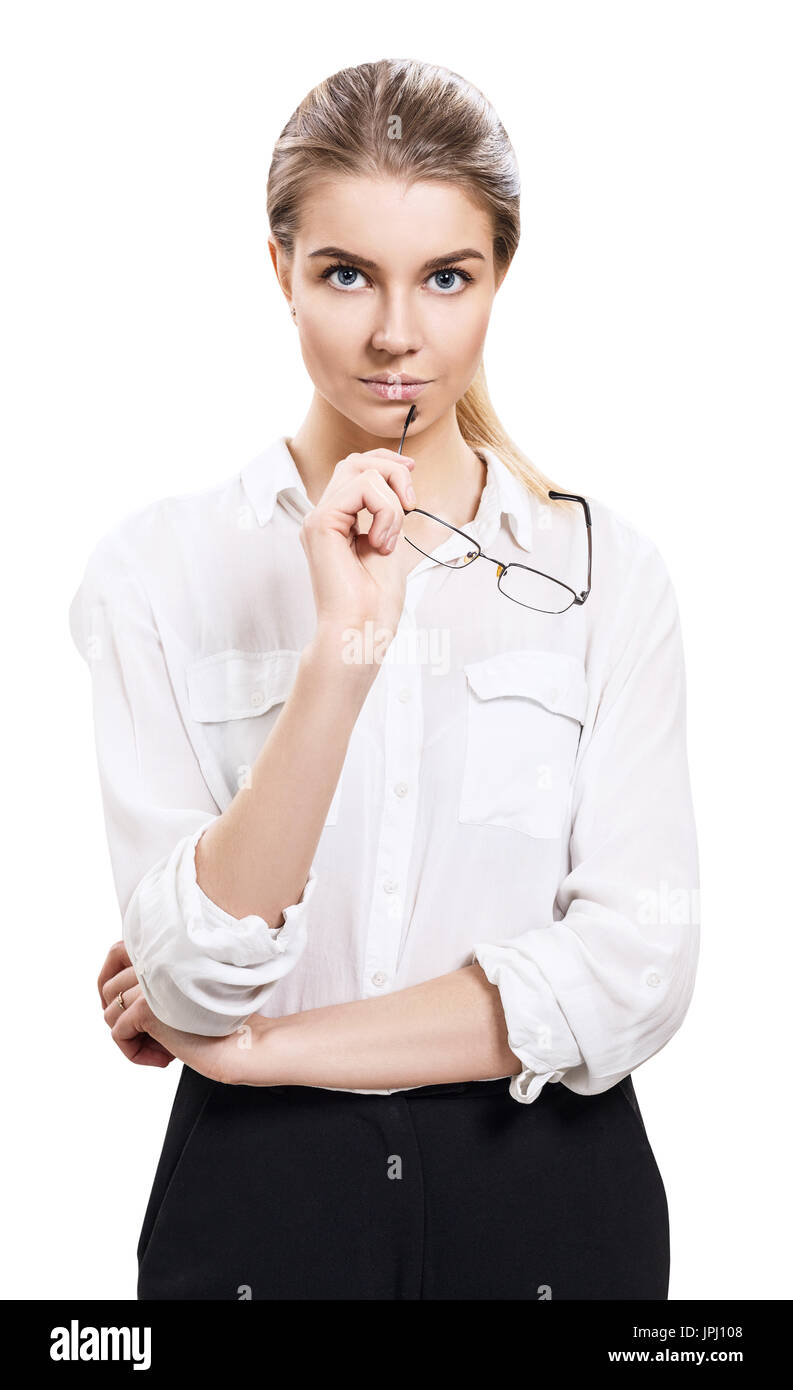 Attractive businesswoman holds glasses in hands. Stock Photo