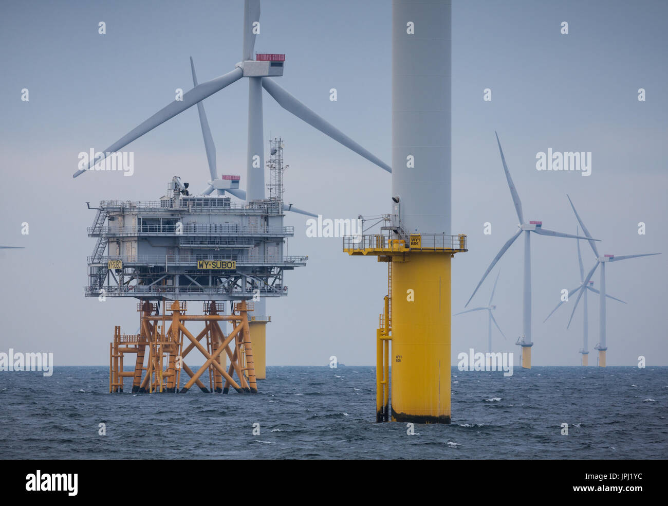 The substation and turbines on Walney Offshore Wind Farm off the Cumbrian coast, UK Stock Photo
