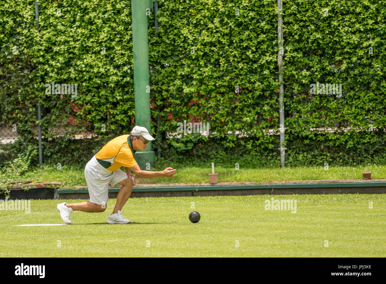 Chinese man rolling a ball in game of lawn bowling on a bowling green in Hong Kong Stock Photo