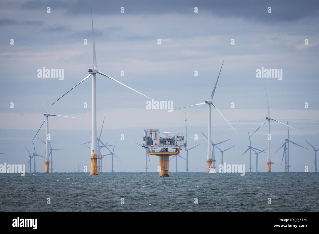 Wind turbines and substation of Barrow Offshore Wind Farm off the Cumbrian Coast Stock Photo