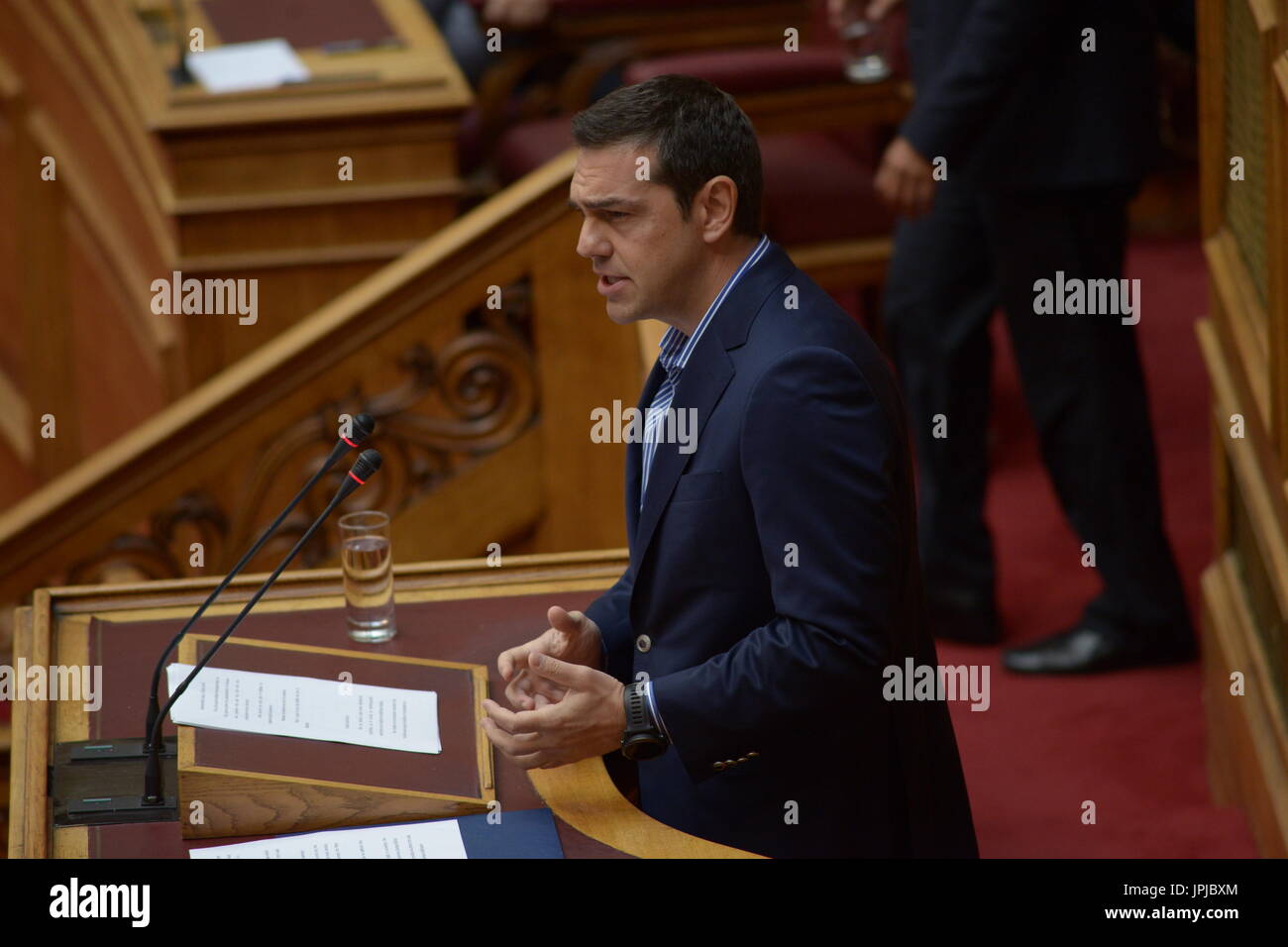 Greek Prime Minister Alexis Tsipras During His Speech In Hellenic Greek Prime Minister Alexis Tsipras During His Speech In Hellenic