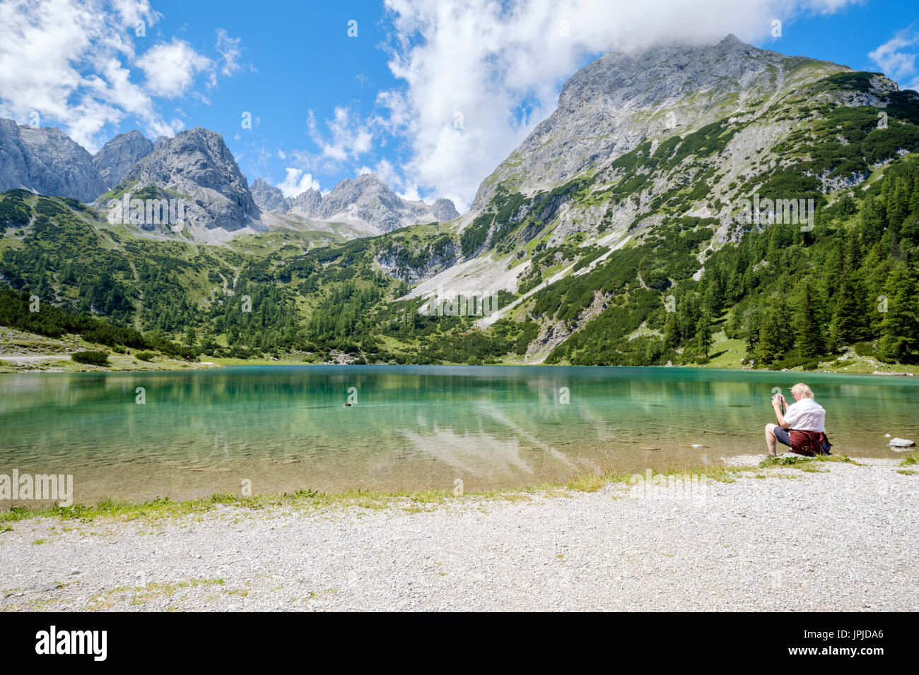 Seebensee in front of the Mieminger Mountain range, Ehrwald, Tyrol, Austria Stock Photo
