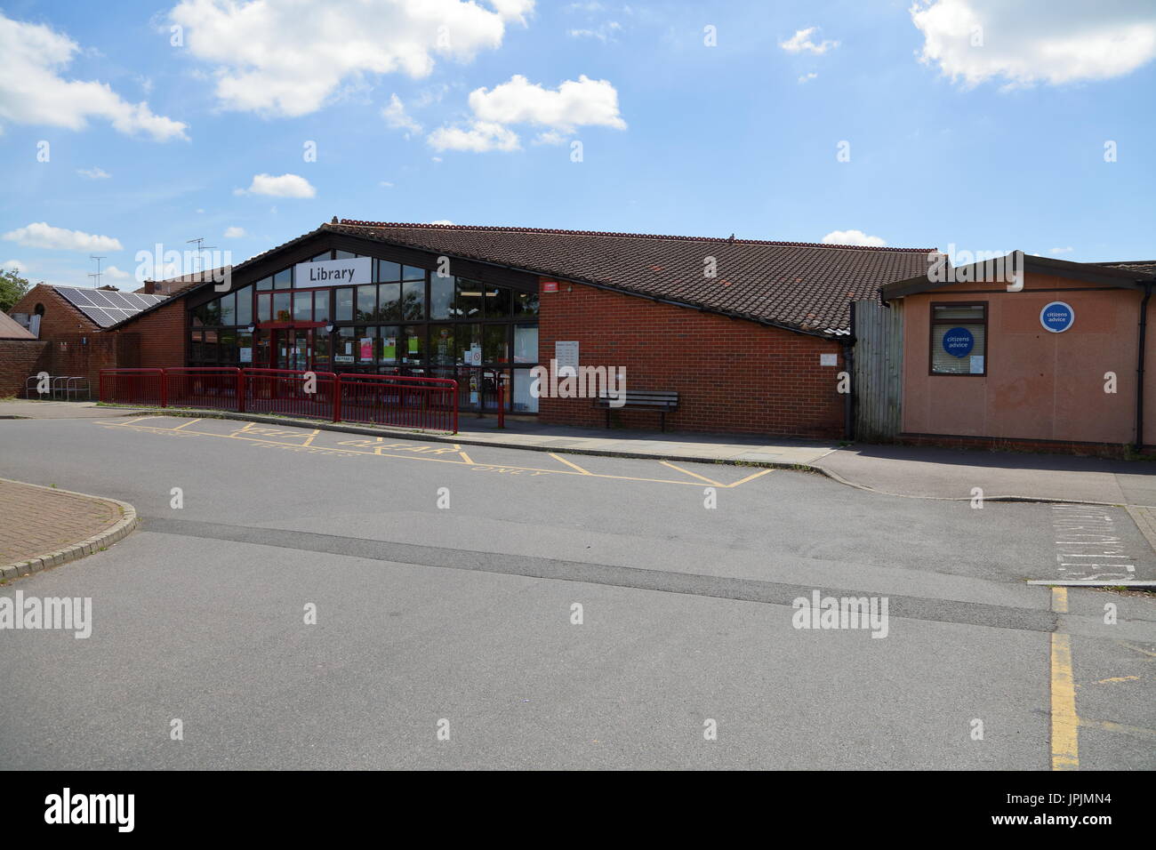 The Woodley lending libary with its quircky sloped roof and glazed front, this building houses vast amounts of material and caters for all media. Stock Photo