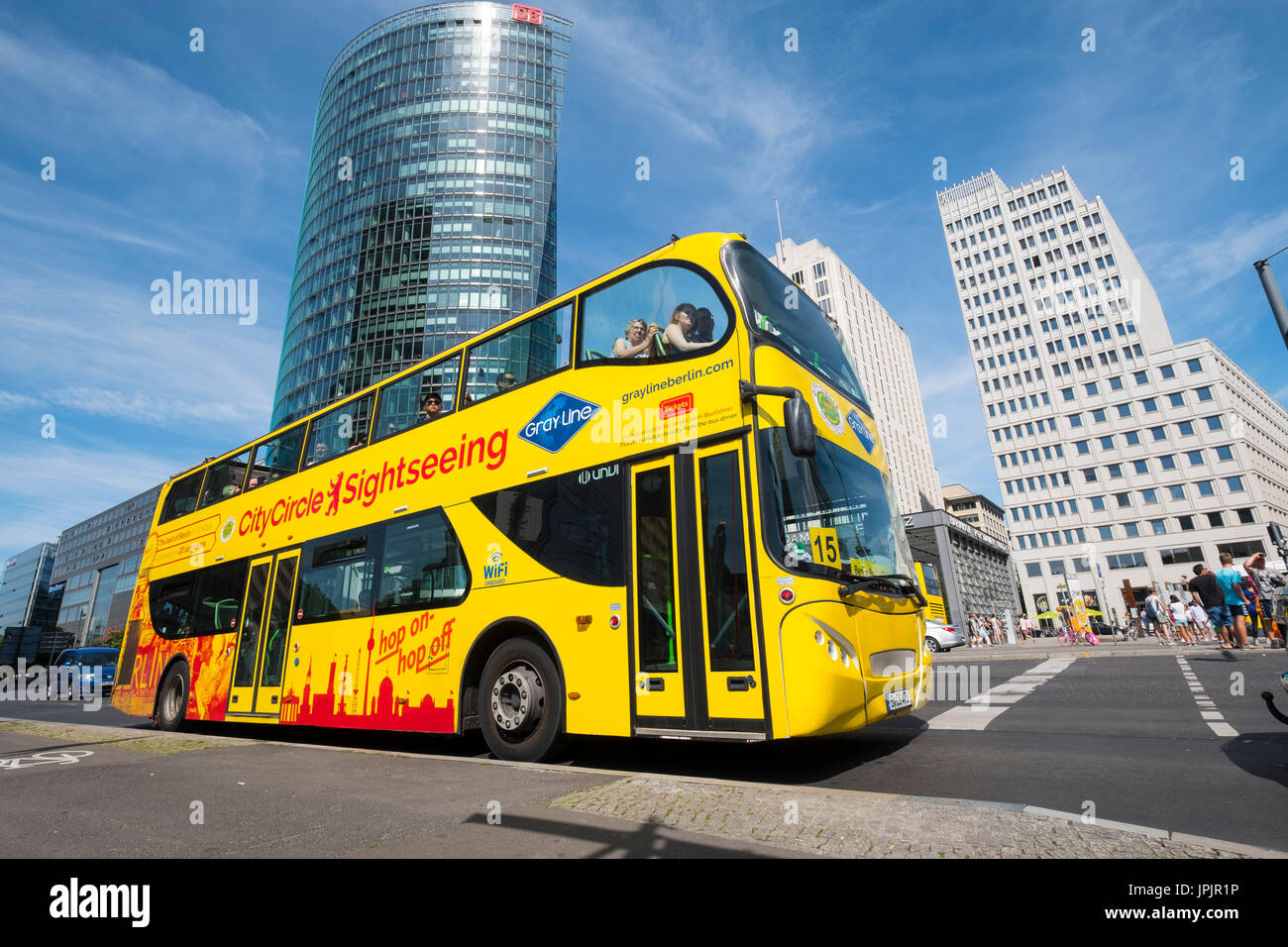 Gray Line city sightseeing tourist tour bus at Potsdamer Platz Square in Berlin, Germany Stock Photo
