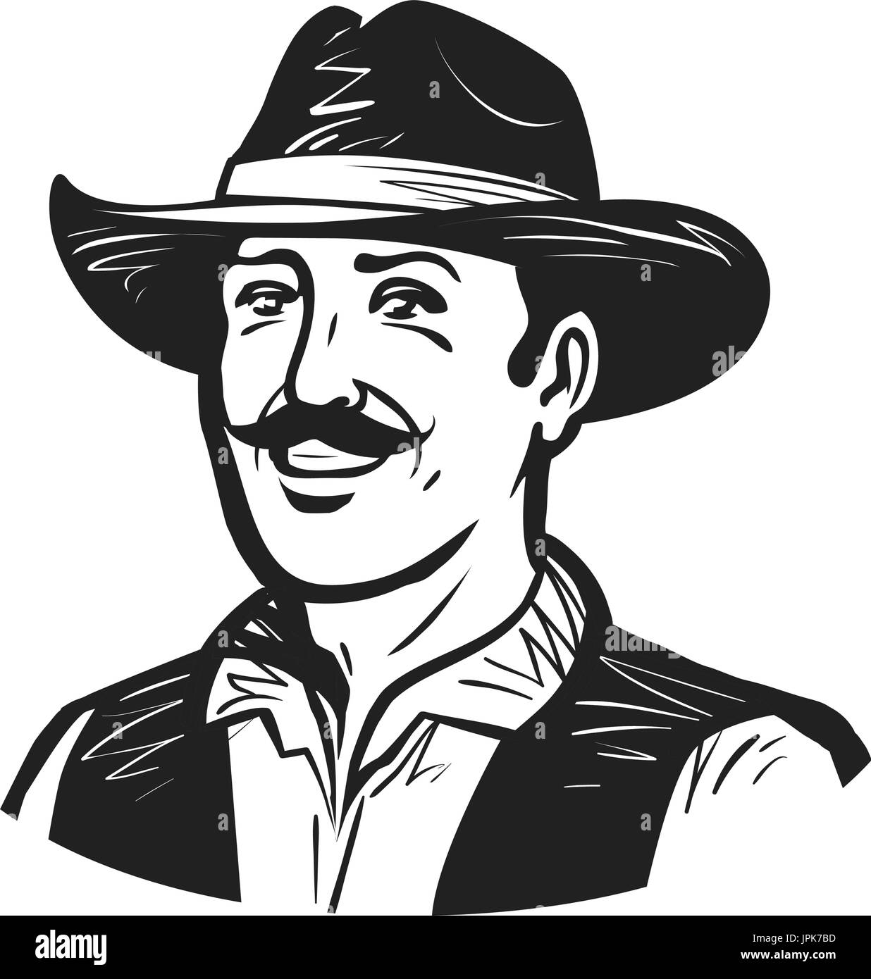 Portrait of happy cowboy or farmer. Grower, winemaker, winegrower, brewer logo or icon. Sketch vector illustration Stock Vector