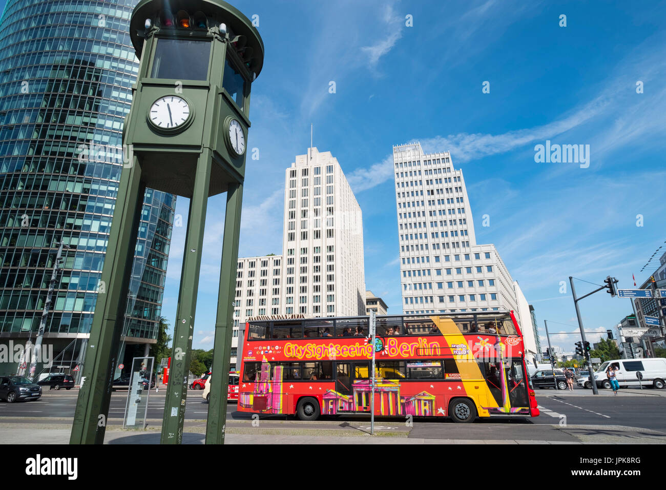 View of Potsdamer Platz business and entertainment district with hop-on hop off- tourist city tour bus in Berlin, Germany Stock Photo