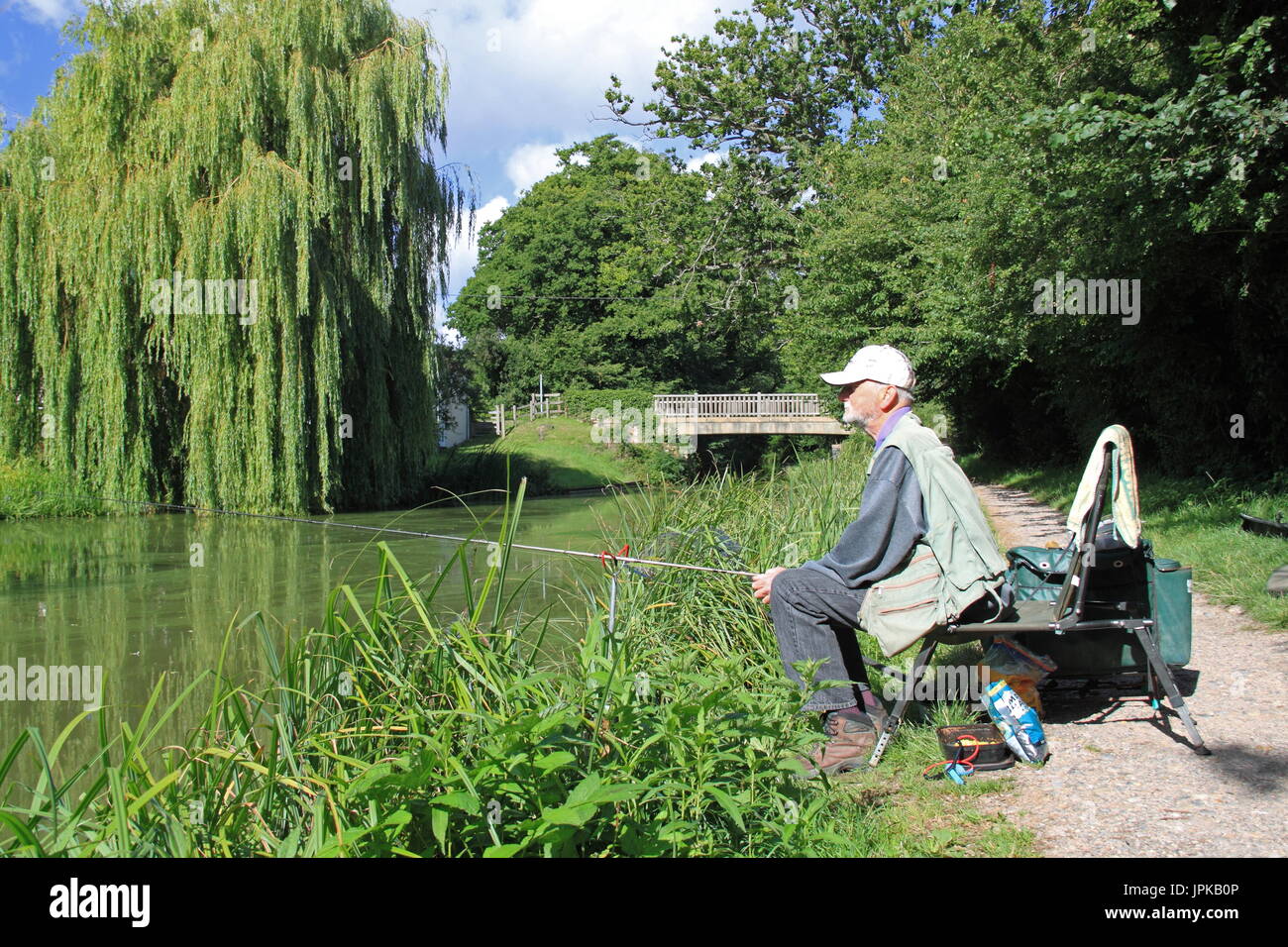 Fishing near Chequers Bridge, Basingstoke Canal, Crookham Village, Fleet, Hart District, Hampshire, England, Great Britain, United Kingdom, UK, Europe Stock Photo