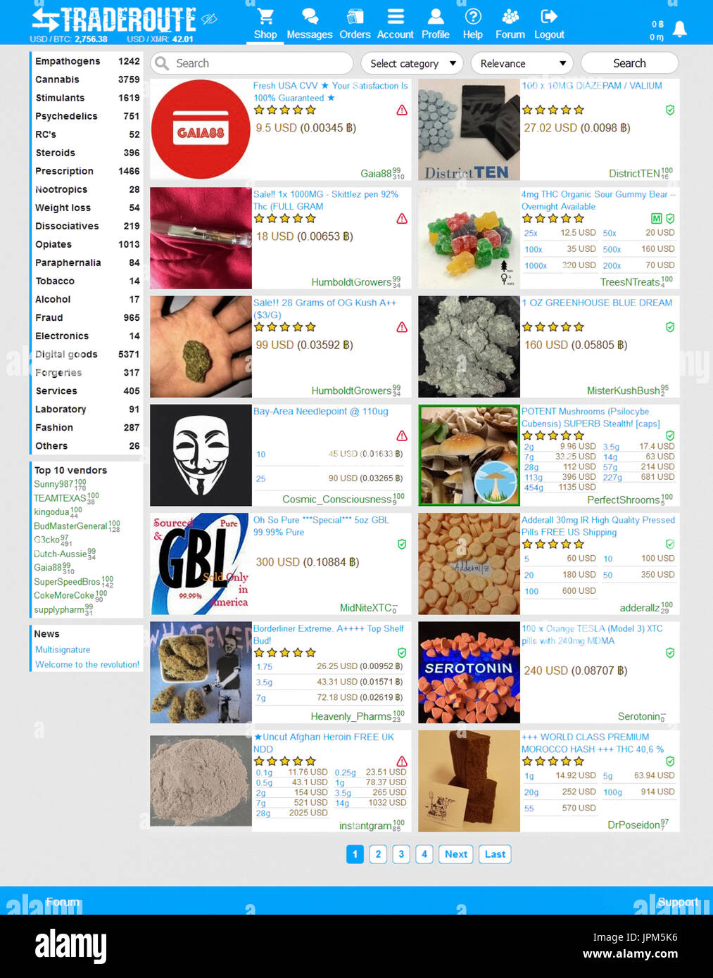 TradeRoute Marketplace for illicit goods (drugs, counterfeits, fraudulent services and supplies) accessed through the darknet (Tor network). Homepage showing categories of items sold with images of various items on offer. TradeRoute was established in 2016. Stock Photo