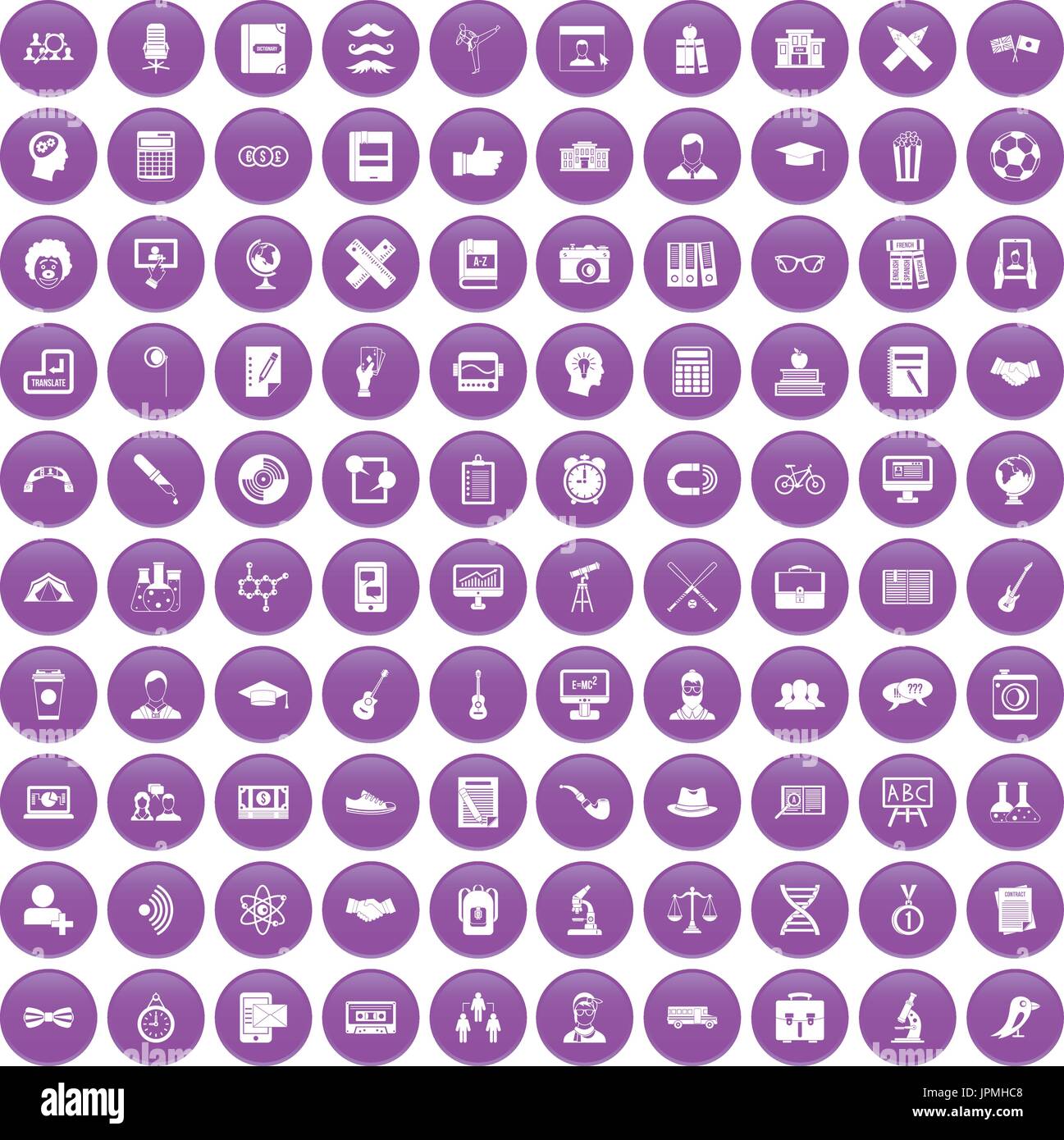 100 student icons set purple Stock Vector