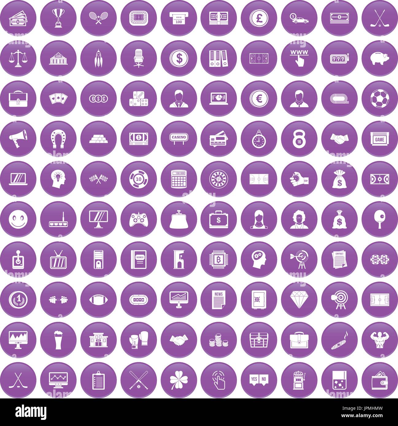 100 sweepstakes icons set purple Stock Vector