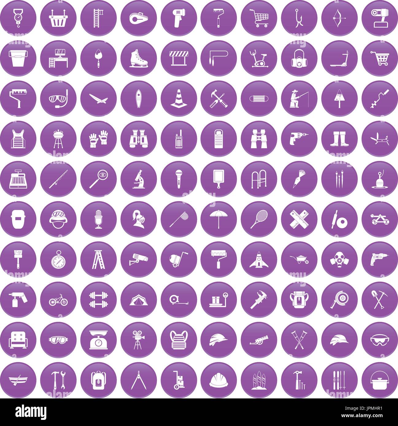100 tackle icons set purple Stock Vector
